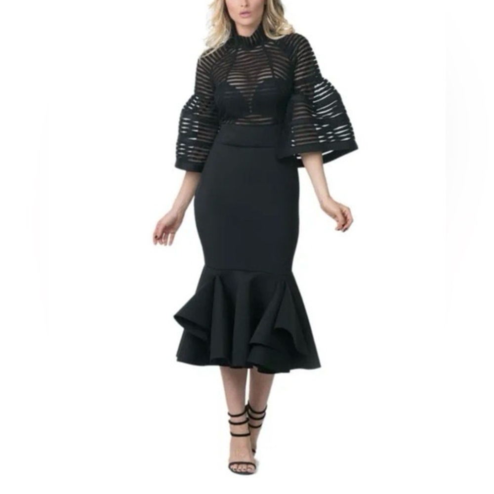 Eien USA Black Mesh Stripe Bell Sleeve Mermaid Midi Dress Size Small EUC